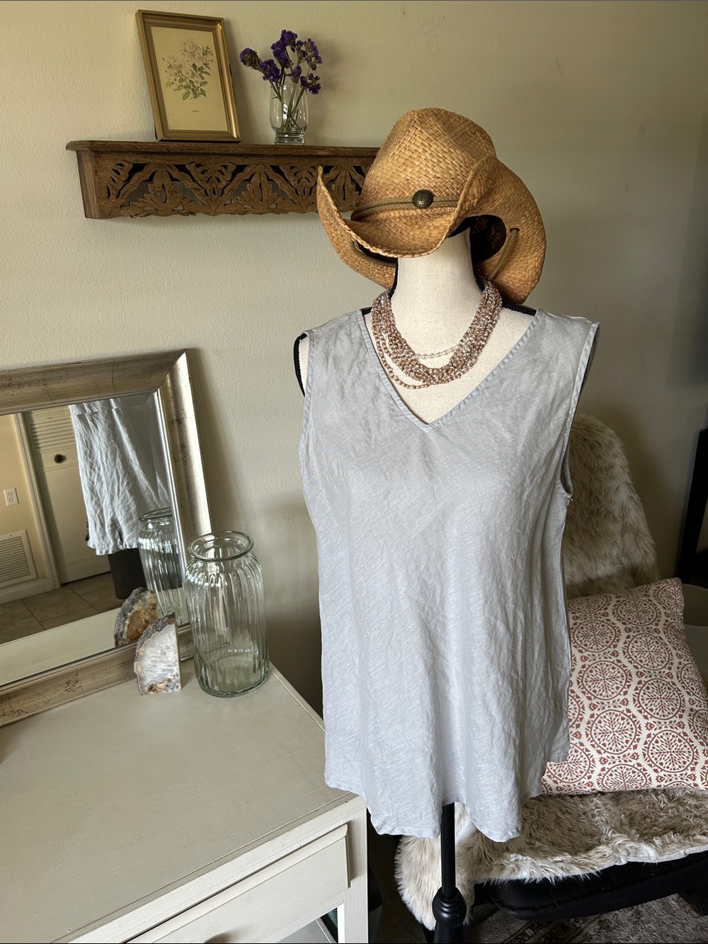 Pure match USA 100% flax linen grey v neck tank top L boho coastal casual